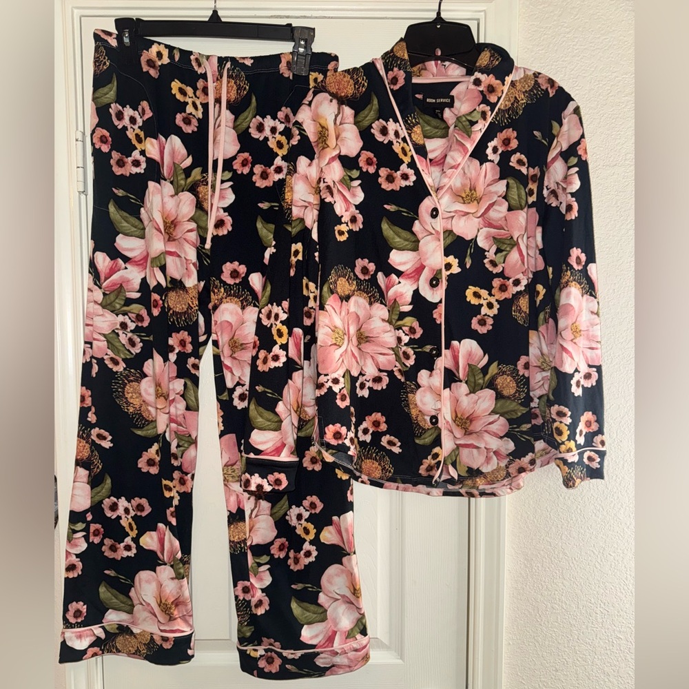 Room Service Floral Black and Pink Women's Pajama Set